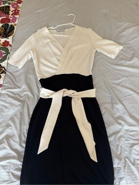 Mango Two-Tone Black and Cream Midi Wrap Dress